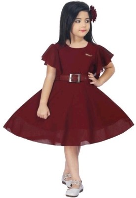 KidsCute Girls Below Knee Casual Dress(Maroon, Short Sleeve)