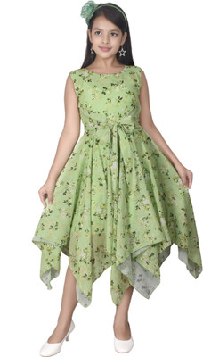 HouseOfCommon Girls Midi/Knee Length Casual Dress(Green, Sleeveless)