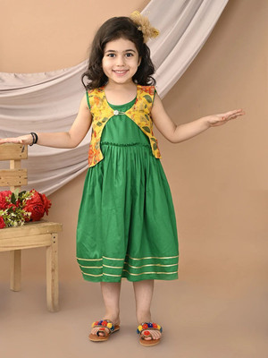 Sangria Girls Midi/Knee Length Festive/Wedding Dress(Green, Yellow, Sleeveless)