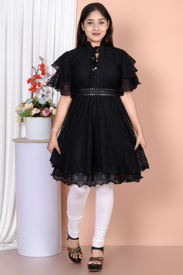 WS Collection Indi Girls Maxi/Full Length Casual Dress(Black, Half Sleeve)