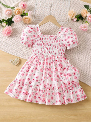 Ethit Indi Girls Midi/Knee Length Casual Dress(Pink, Short Sleeve)