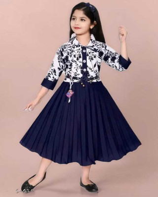 KidsCute Baby Girls Calf Length Casual Dress(Dark Blue, 3/4 Sleeve)