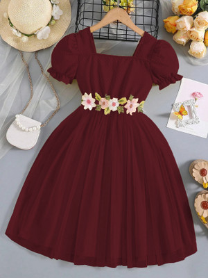 Miss & Chief Girls Midi/Knee Length Party Dress(Maroon, Half Sleeve)