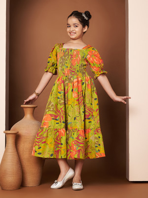 ZWERLON Indi Girls Midi/Knee Length Casual Dress(Green, Half Sleeve)