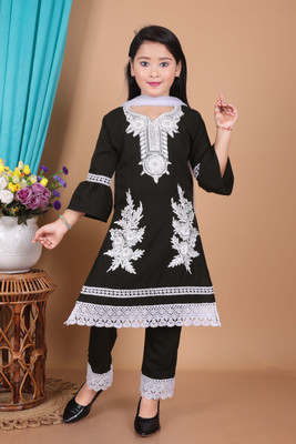 aligarments Girls Festive & Party Kurta and Churidar Set(Black Pack of 1)