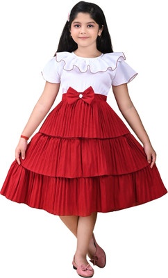 EMIYX Girls Below Knee Casual Dress(Maroon, White, Fashion Sleeve)