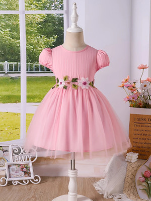Style Connect Indi Girls Midi/Knee Length Party Dress(Pink, Short Sleeve)