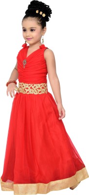 Adiva Indi Girls Maxi/Full Length Party Dress(Red, Sleeveless)