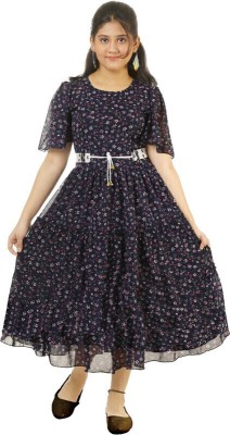 SKAYF Indi Girls Calf Length Casual Dress(Dark Blue, Short Sleeve)