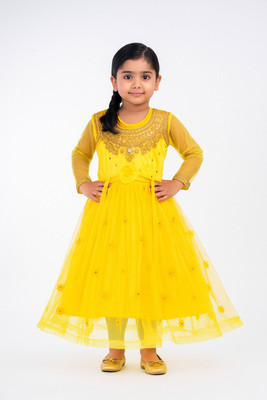Badry Fashion Girls Below Knee Festive/Wedding Dress(Yellow, 3/4 Sleeve)