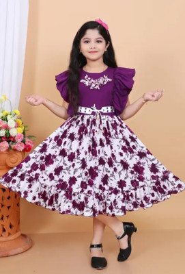 QFF Baby Girls Midi/Knee Length Festive/Wedding Dress(Purple, White, Short Sleeve)
