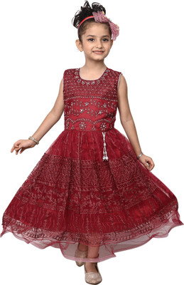 Hariyal Creation Girls Calf Length Festive/Wedding Dress(Red, Sleeveless)