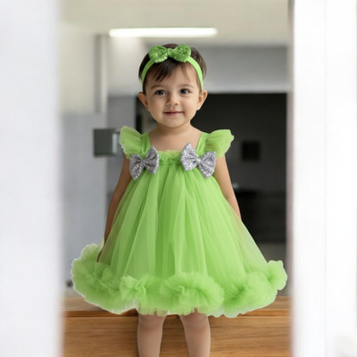 SHREE BHERUNATH FASHION Girls Above Knee Party Dress(Green, Cap Sleeve)