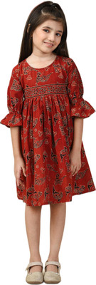 Fabindia Girls Midi/Knee Length Casual Dress(Red, 3/4 Sleeve)