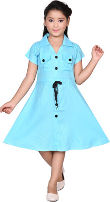 HALDER AND SONS Girls Midi/Knee Length Party Dress(Blue, Short Sleeve)