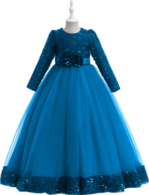 DPFABRICS Girls Maxi/Full Length Festive/Wedding Dress(Light Blue, Full Sleeve)