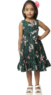 Rumy Fashion Girls Below Knee Casual Dress(Green, Sleeveless)