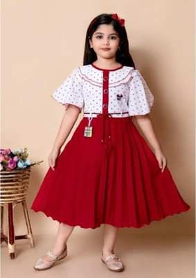 ARUNA CREATIONn Girls Midi/Knee Length Party Dress(Red, White, Fashion Sleeve)