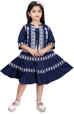 Fashion Time Indi Girls Midi/Knee Length Casual Dress(Blue, 3/4 Sleeve)