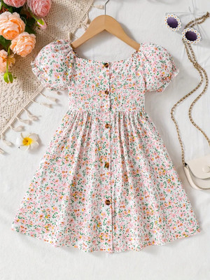 Style Connect Indi Girls Midi/Knee Length Party Dress(Beige, Short Sleeve)