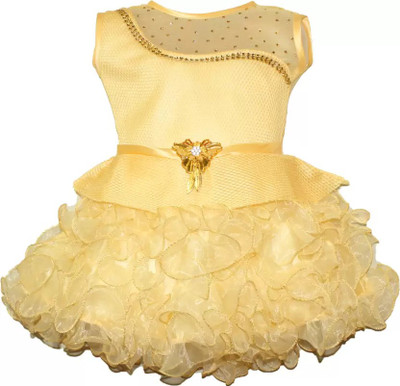 Littlefirst Indi Baby Girls Midi/Knee Length Festive/Wedding Dress(Yellow, Short Sleeve)