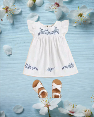 UPTREND VESTURE Girls Midi/Knee Length Casual Dress(White, Short Sleeve)