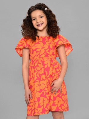 Mi Arcus Indi Girls Midi/Knee Length Casual Dress(Orange, Full Sleeve)