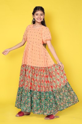 Fashion Dream Girls Maxi/Full Length Festive/Wedding Dress(Orange, Half Sleeve)