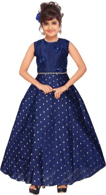 4 YOU Indi Girls Maxi/Full Length Festive/Wedding Dress(Blue, Sleeveless)