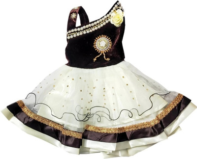 ARUNA CREATIONn Baby Girls Midi/Knee Length Party Dress(Brown, White, Sleeveless)