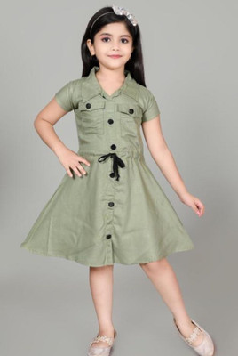 Paramount NX Girls Midi/Knee Length Casual Dress(Dark Green, Short Sleeve)