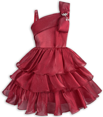 Wishkaro Girls Midi/Knee Length Party Dress(Maroon, Sleeveless)