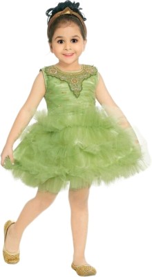 Oxipital Club Baby Girls Above Knee Festive/Wedding Dress(Green, Sleeveless)