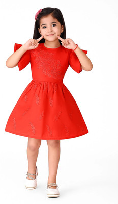 sussree Indi Girls Midi/Knee Length Party Dress(Red, Short Sleeve)