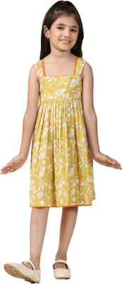 Fabindia Girls Midi/Knee Length Casual Dress(Yellow, Sleeveless)
