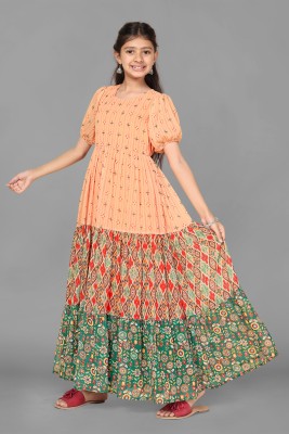 Mirrow Trade Girls Maxi/Full Length Festive/Wedding Dress(Orange, Half Sleeve)