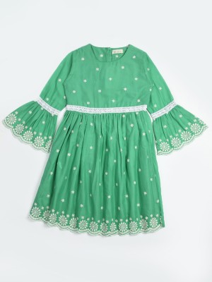 Bella Moda Girls Midi/Knee Length Casual Dress(Green, 3/4 Sleeve)