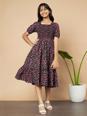 LookShine Indi Girls Midi/Knee Length Casual Dress(Red, Half Sleeve)