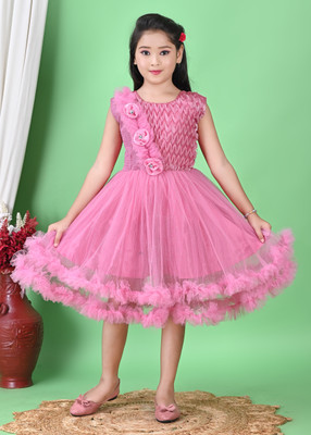 MTOUCHFASHION Girls Midi/Knee Length Festive/Wedding Dress(Pink, Sleeveless)