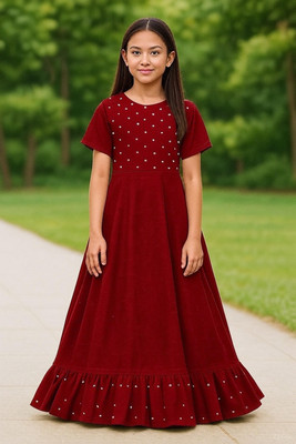 devdatt Girls Maxi/Full Length Festive/Wedding Dress(Maroon, Cap Sleeve)