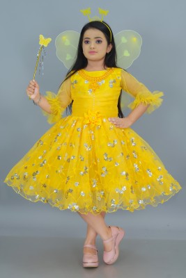 N FASHION AFIYA Girls Calf Length Party Dress(Yellow, 3/4 Sleeve)