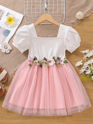 MananFashion Baby Girls Midi/Knee Length Casual Dress(Pink, White, Short Sleeve)