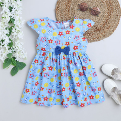 Funshine Indi Girls Midi/Knee Length Casual Dress(Blue, Cap Sleeve)