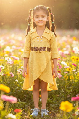 KAARIGARI Girls Midi/Knee Length Party Dress(Yellow, Fashion Sleeve)