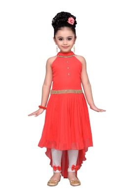 Adiva Girls Midi/Knee Length Party Dress(Orange, Sleeveless)