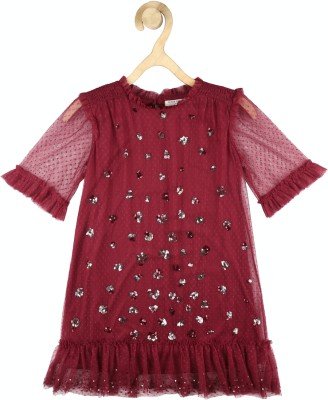 PETER ENGLAND Girls Midi/Knee Length Casual Dress(Maroon, Short Sleeve)