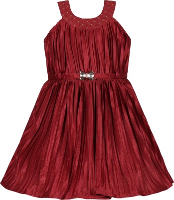 Wishkaro Girls Midi/Knee Length Party Dress(Maroon, Sleeveless)