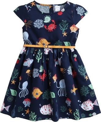 FUNSHINE Indi Girls Midi/Knee Length Casual Dress(Dark Blue, Cap Sleeve)