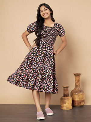 OTABU Girls Midi/Knee Length Casual Dress(Black, 3/4 Sleeve)