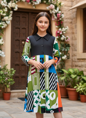 TJBTrends Indi Girls Mini/Short Casual Dress(Green, Full Sleeve)